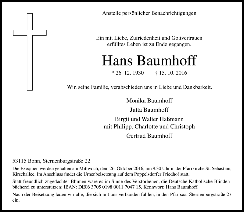  Traueranzeige für Hans Baumhoff vom 22.10.2016 aus General-Anzeiger Bonn