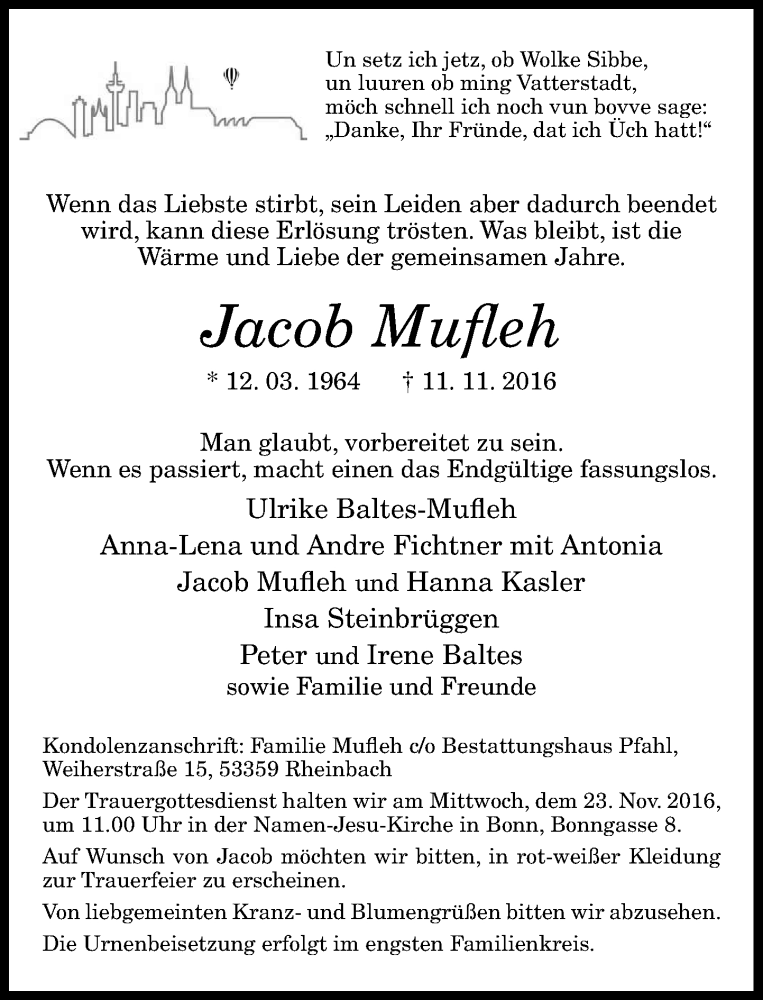  Traueranzeige für Jacob Mufleh vom 19.11.2016 aus General-Anzeiger Bonn
