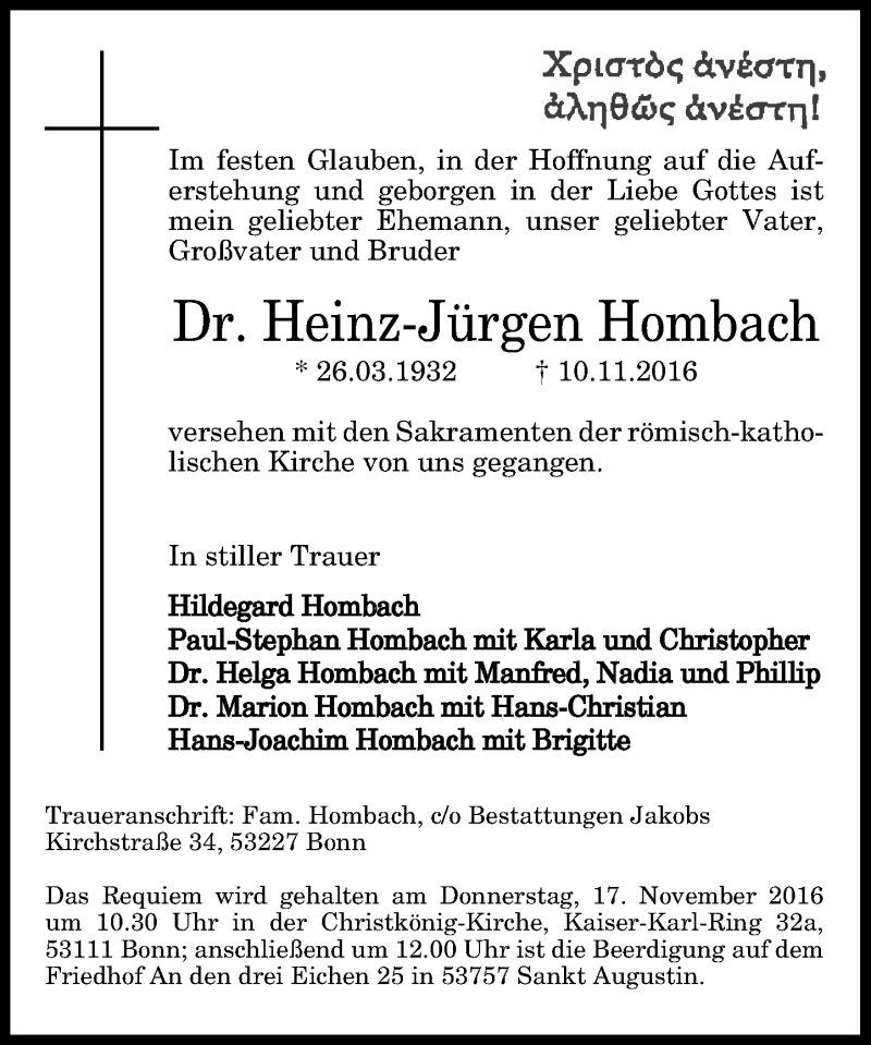  Traueranzeige für Heinz-Jürgen Hombach vom 15.11.2016 aus General-Anzeiger Bonn
