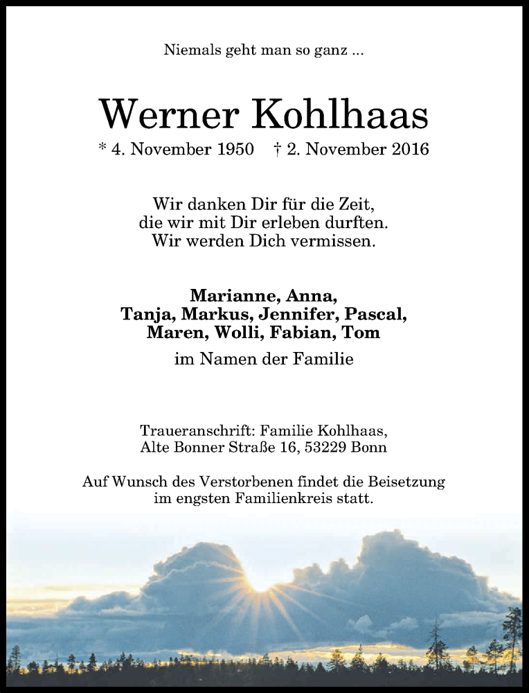  Traueranzeige für Werner Kohlhaas vom 12.11.2016 aus General-Anzeiger Bonn