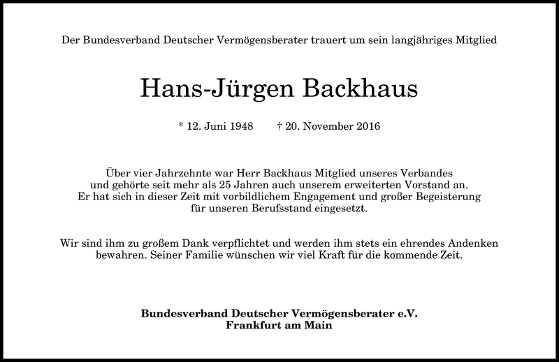  Traueranzeige für Hans-Jürgen Backhaus vom 26.11.2016 aus General-Anzeiger Bonn