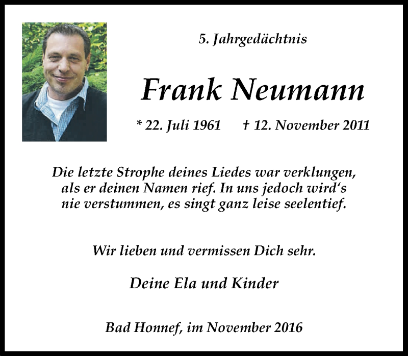  Traueranzeige für Frank Neumann vom 12.11.2016 aus General-Anzeiger Bonn