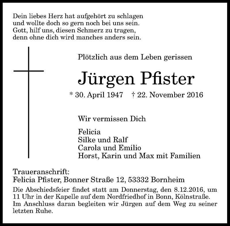  Traueranzeige für Jürgen Pfister vom 03.12.2016 aus General-Anzeiger Bonn