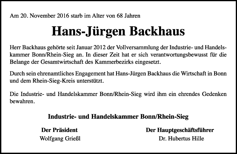  Traueranzeige für Hans-Jürgen Backhaus vom 03.12.2016 aus General-Anzeiger Bonn