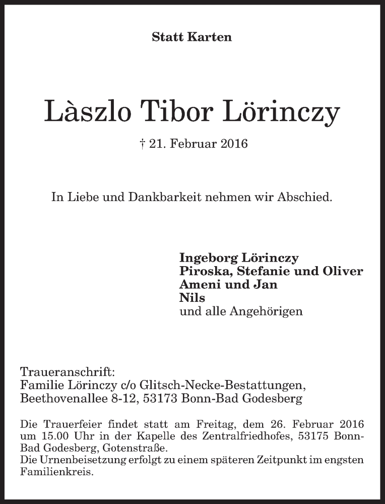  Traueranzeige für Lászlo Tibor Lörinczy vom 24.02.2016 aus General-Anzeiger Bonn