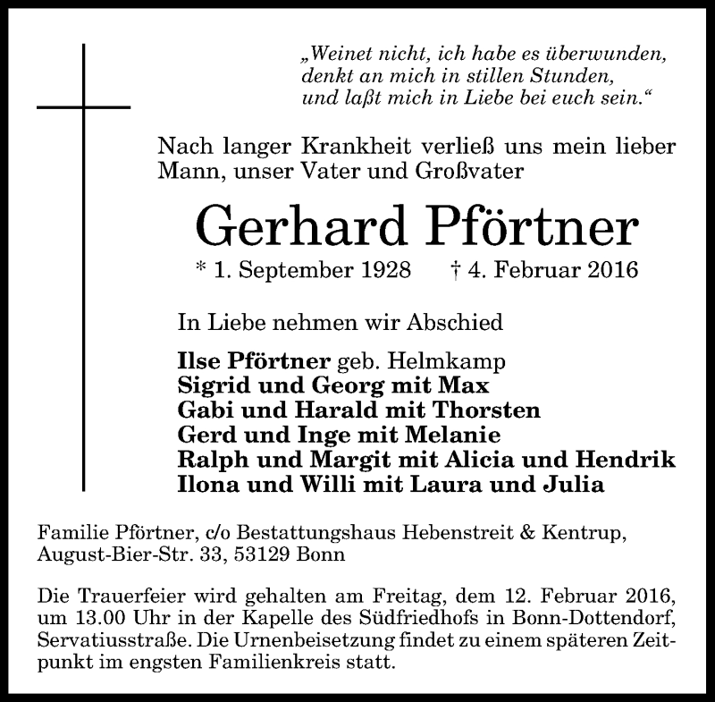  Traueranzeige für Gerhard Pförtner vom 10.02.2016 aus General-Anzeiger Bonn