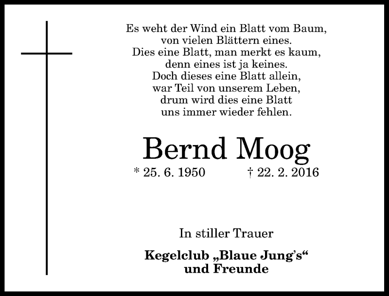  Traueranzeige für Bernd Moog vom 27.02.2016 aus General-Anzeiger Bonn
