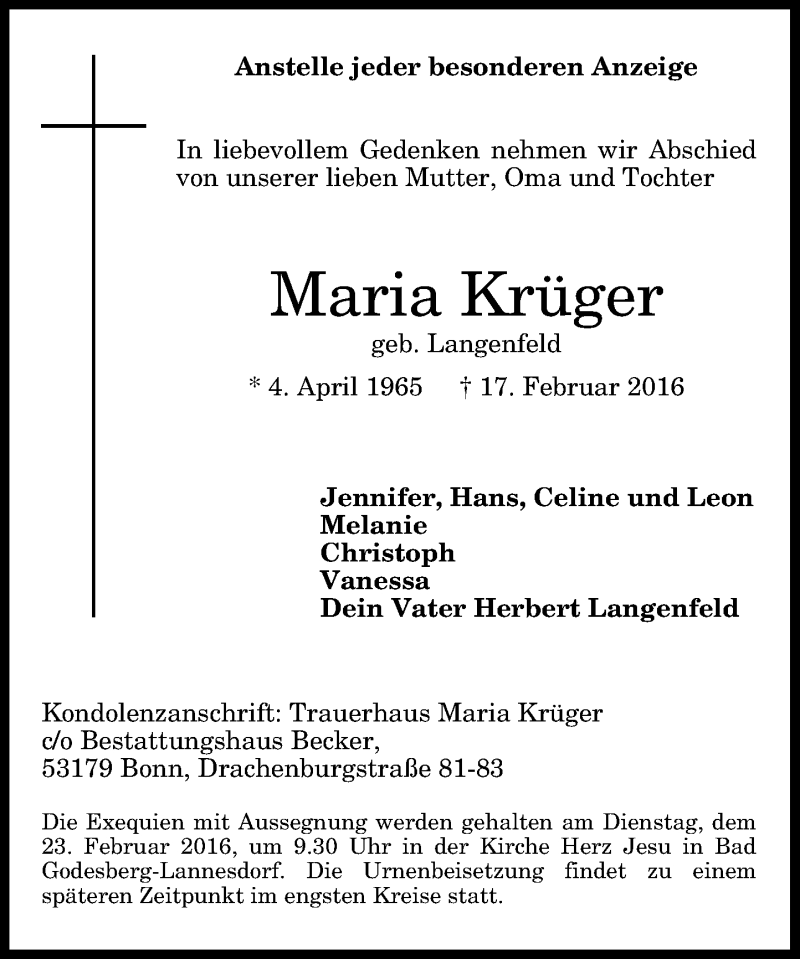  Traueranzeige für Maria Krüger vom 20.02.2016 aus General-Anzeiger Bonn