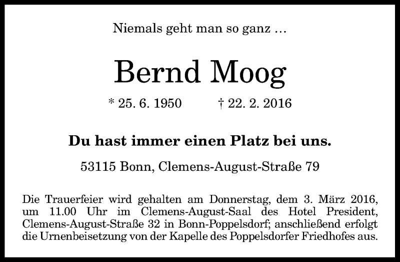  Traueranzeige für Bernd Moog vom 27.02.2016 aus General-Anzeiger Bonn