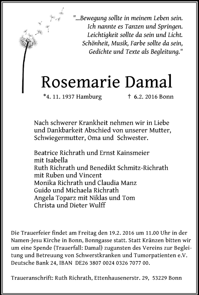  Traueranzeige für Rosemarie Damal vom 13.02.2016 aus General-Anzeiger Bonn