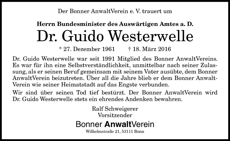  Traueranzeige für Guido Westerwelle vom 26.03.2016 aus General-Anzeiger Bonn