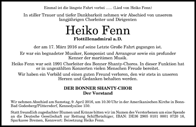  Traueranzeige für Heiko Fenn vom 23.03.2016 aus General-Anzeiger Bonn