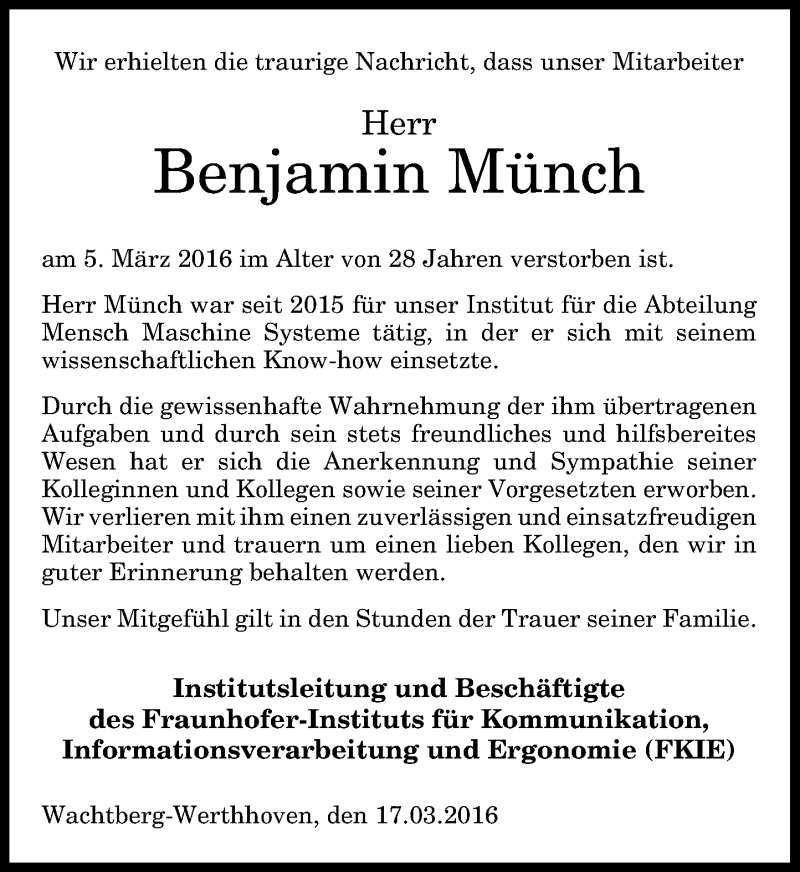  Traueranzeige für Benjamin Münch vom 19.03.2016 aus General-Anzeiger Bonn