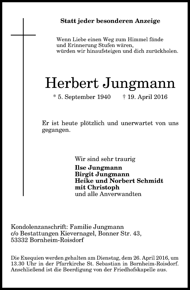  Traueranzeige für Herbert Jungmann vom 23.04.2016 aus General-Anzeiger Bonn