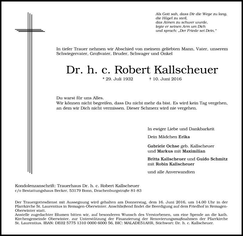  Traueranzeige für Robert Kallscheuer vom 14.06.2016 aus General-Anzeiger Bonn