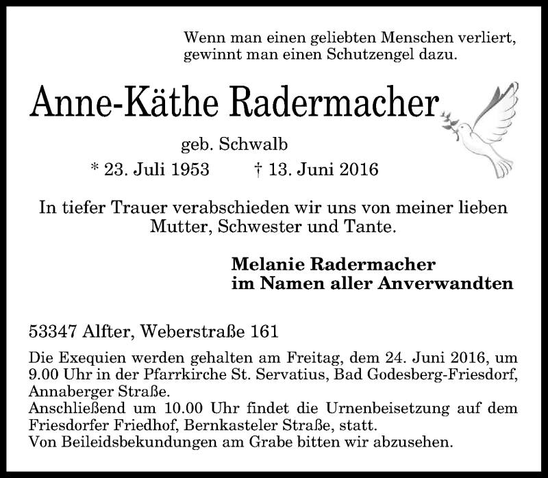  Traueranzeige für Anne-Käthe Radermacher vom 18.06.2016 aus General-Anzeiger Bonn