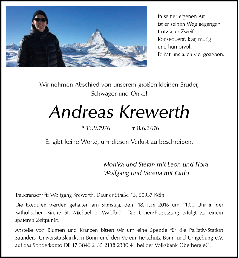  Traueranzeige für Andreas Krewerth vom 14.06.2016 aus General-Anzeiger Bonn