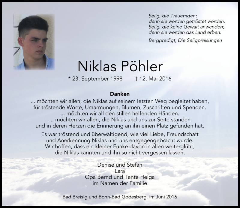  Traueranzeige für Niklas Pöhler vom 18.06.2016 aus General-Anzeiger Bonn