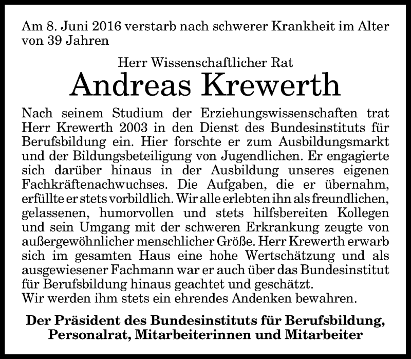  Traueranzeige für Andreas Krewerth vom 16.06.2016 aus General-Anzeiger Bonn