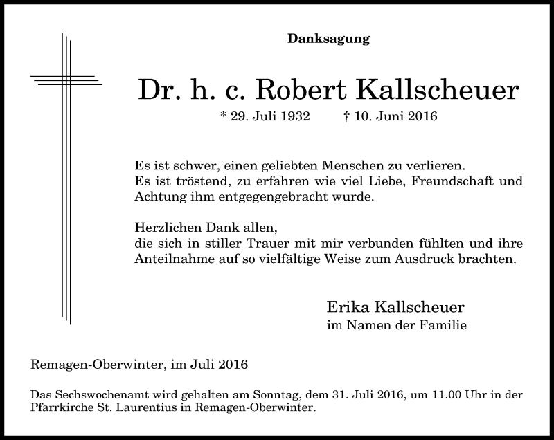  Traueranzeige für Robert Kallscheuer vom 09.07.2016 aus General-Anzeiger Bonn