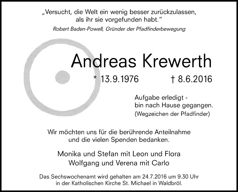  Traueranzeige für Andreas Krewerth vom 16.07.2016 aus General-Anzeiger Bonn