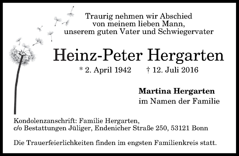  Traueranzeige für Heinz-Peter Hergarten vom 16.07.2016 aus General-Anzeiger Bonn