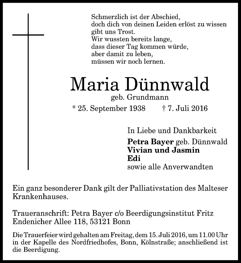  Traueranzeige für Maria Dünnwald vom 09.07.2016 aus General-Anzeiger Bonn