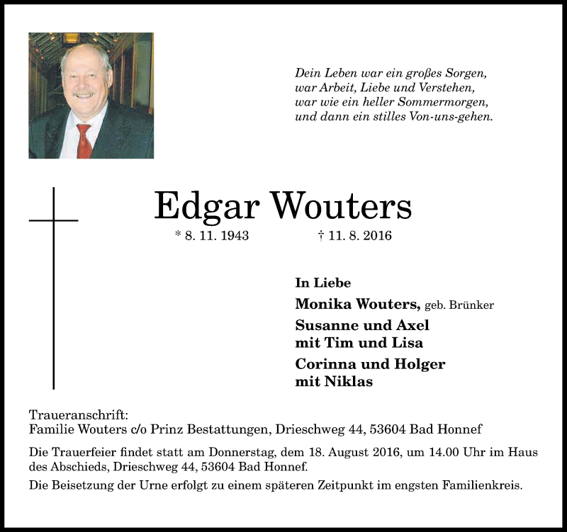  Traueranzeige für Edgar Wouters vom 13.08.2016 aus General-Anzeiger Bonn
