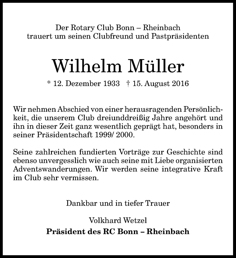  Traueranzeige für Wilhelm Müller vom 20.08.2016 aus General-Anzeiger Bonn