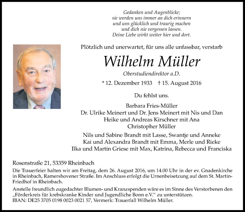  Traueranzeige für Wilhelm Müller vom 20.08.2016 aus General-Anzeiger Bonn