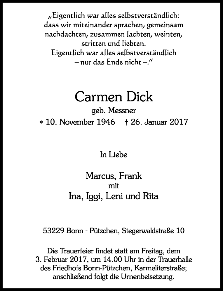  Traueranzeige für Carmen Dick vom 31.01.2017 aus General-Anzeiger Bonn