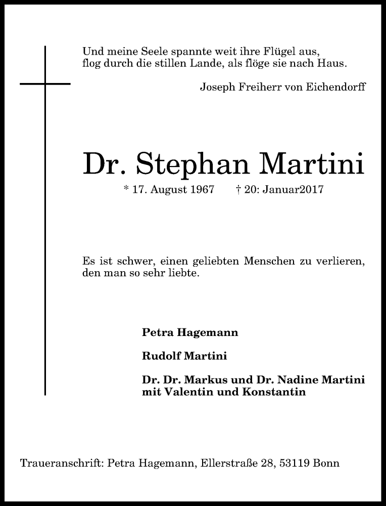  Traueranzeige für Stephan Martini vom 28.01.2017 aus General-Anzeiger Bonn