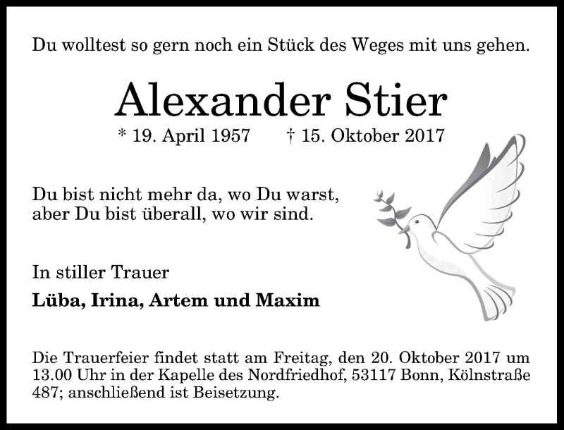  Traueranzeige für Alexander Stier vom 18.10.2017 aus General-Anzeiger Bonn