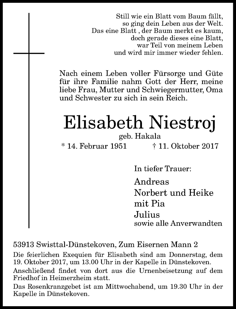  Traueranzeige für Elisabeth Niestroj vom 17.10.2017 aus General-Anzeiger Bonn