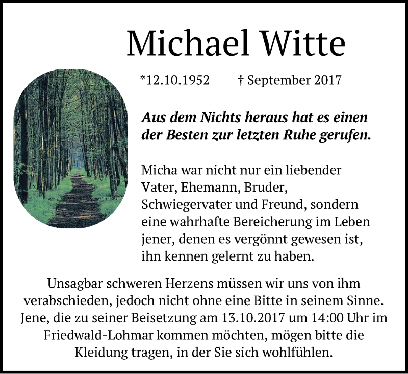  Traueranzeige für Michael Witte vom 12.10.2017 aus General-Anzeiger Bonn