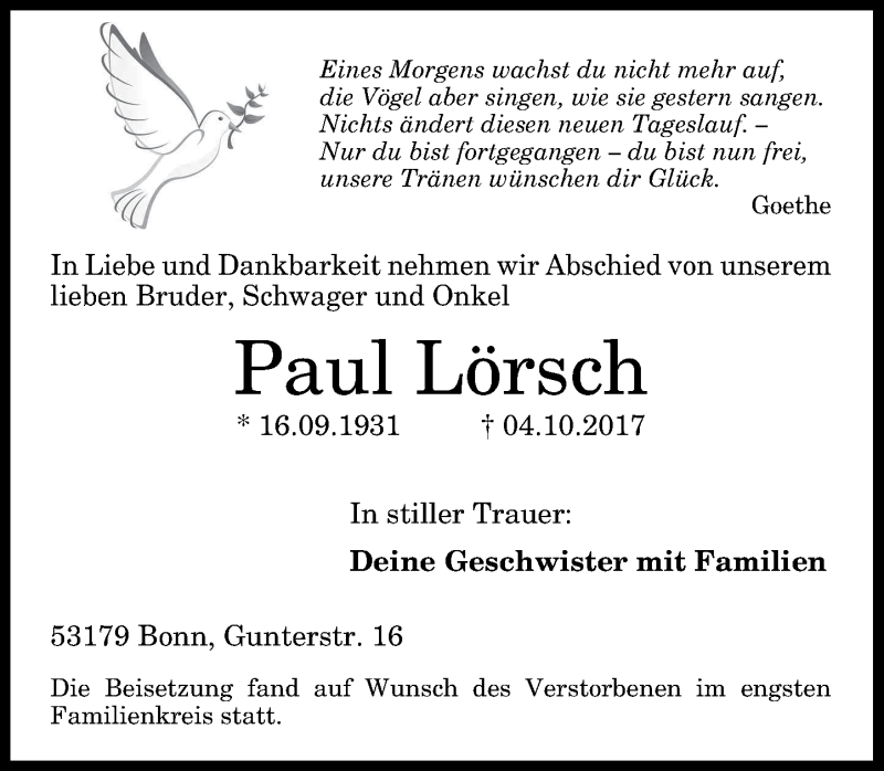  Traueranzeige für Paul Lörsch vom 21.10.2017 aus General-Anzeiger Bonn