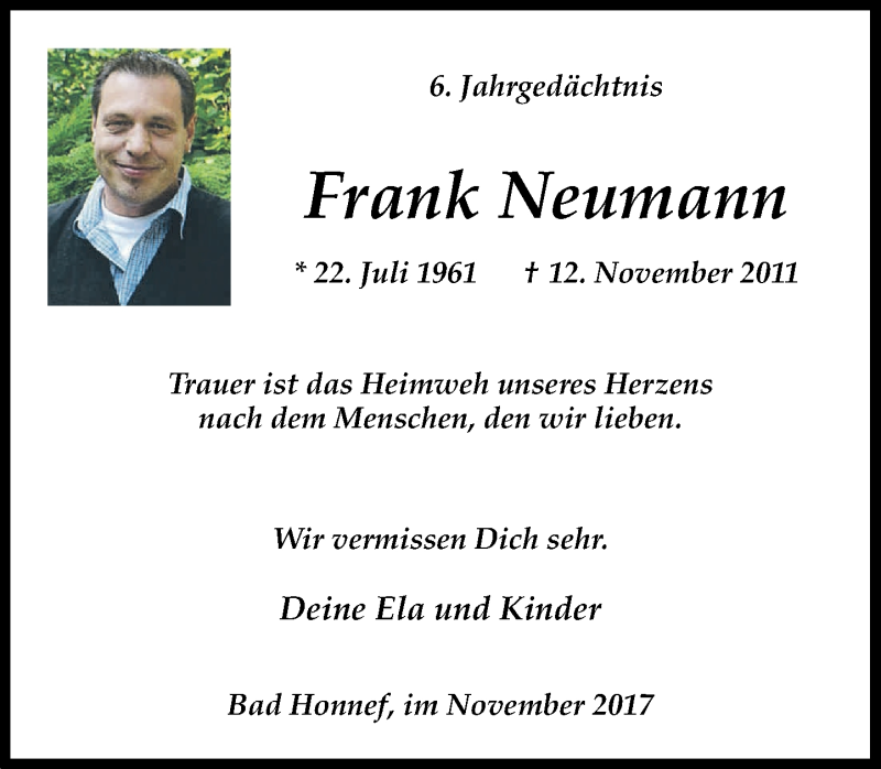  Traueranzeige für Frank Neumann vom 11.11.2017 aus General-Anzeiger Bonn
