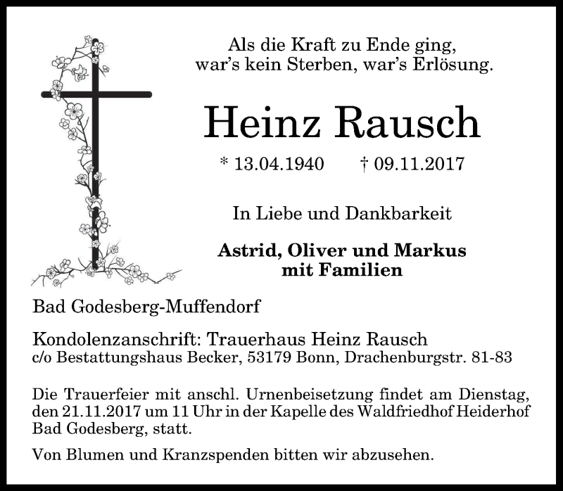  Traueranzeige für Heinz Rausch vom 15.11.2017 aus General-Anzeiger Bonn