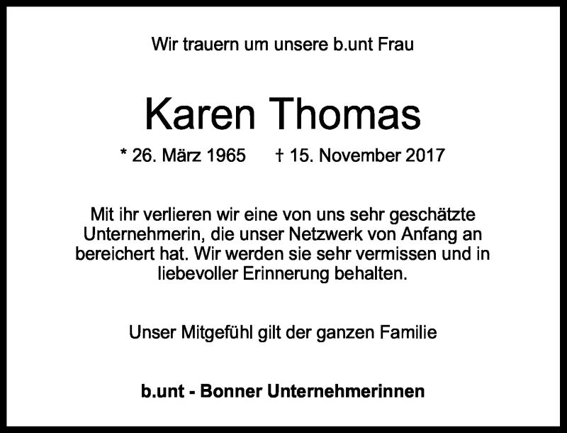  Traueranzeige für Karen Thomas vom 22.11.2017 aus General-Anzeiger Bonn
