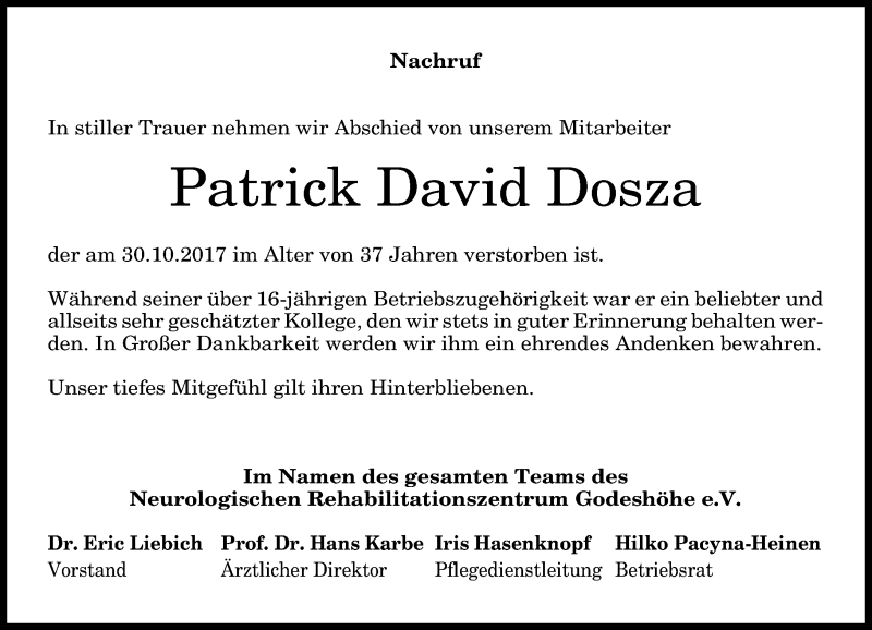  Traueranzeige für Patrick David Dosza vom 04.11.2017 aus General-Anzeiger Bonn