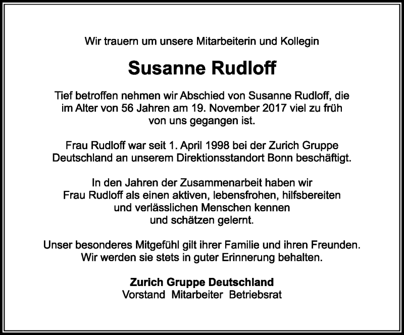  Traueranzeige für Susanne Rudloff vom 25.11.2017 aus General-Anzeiger Bonn