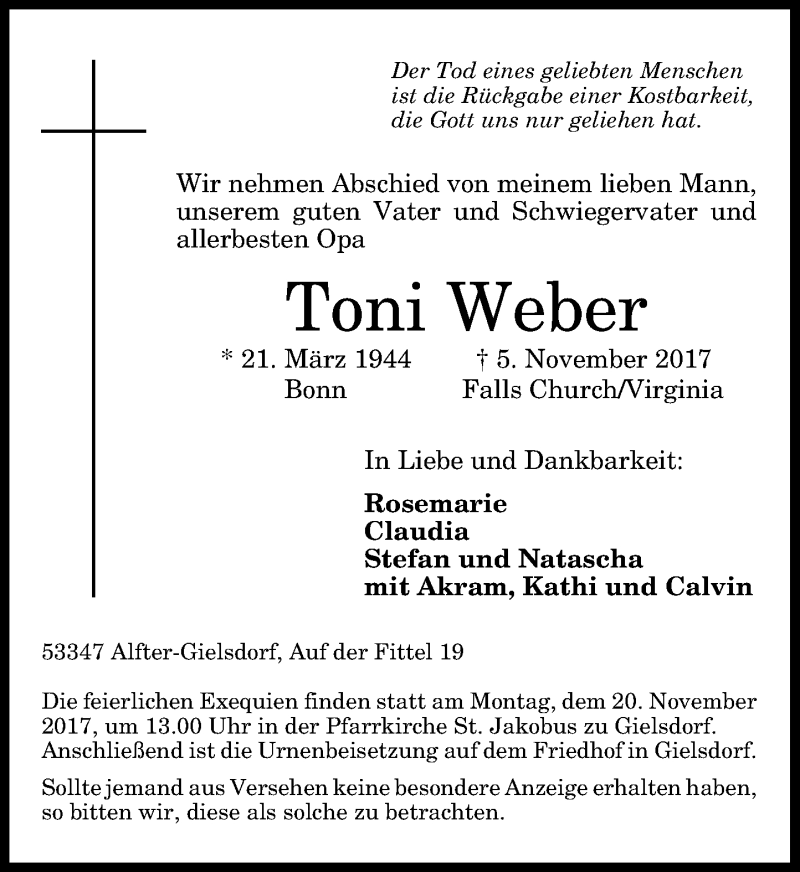  Traueranzeige für Toni Weber vom 18.11.2017 aus General-Anzeiger Bonn