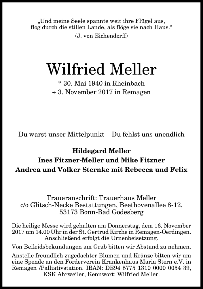  Traueranzeige für Wilfried Meller vom 11.11.2017 aus General-Anzeiger Bonn