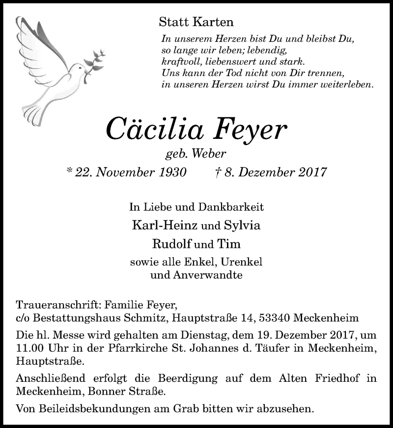  Traueranzeige für Cäcilia Feyer vom 16.12.2017 aus General-Anzeiger Bonn