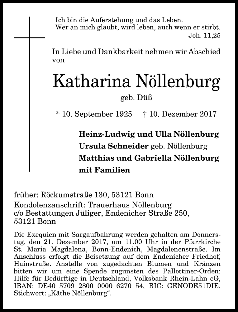  Traueranzeige für Katharina Nöllenburg vom 16.12.2017 aus General-Anzeiger Bonn