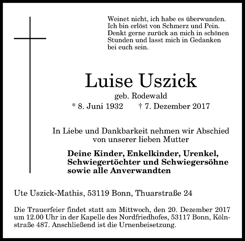  Traueranzeige für Luise Uszick vom 16.12.2017 aus General-Anzeiger Bonn