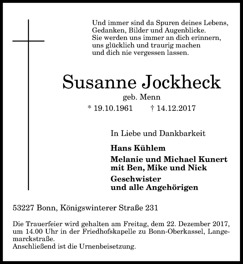  Traueranzeige für Susanne Jockheck vom 16.12.2017 aus General-Anzeiger Bonn