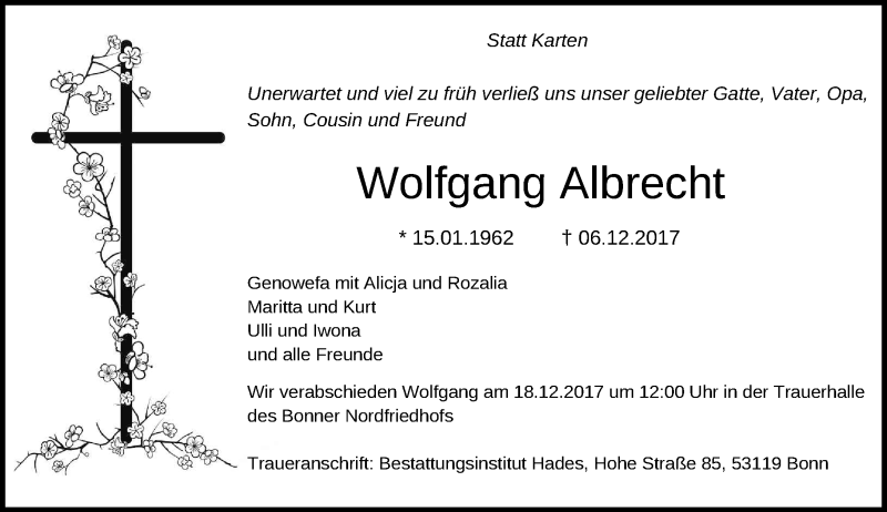  Traueranzeige für Wolfgang Albrecht vom 16.12.2017 aus General-Anzeiger Bonn