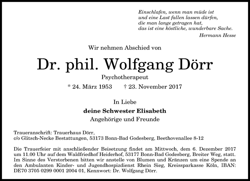  Traueranzeige für Wolfgang Dörr vom 02.12.2017 aus General-Anzeiger Bonn