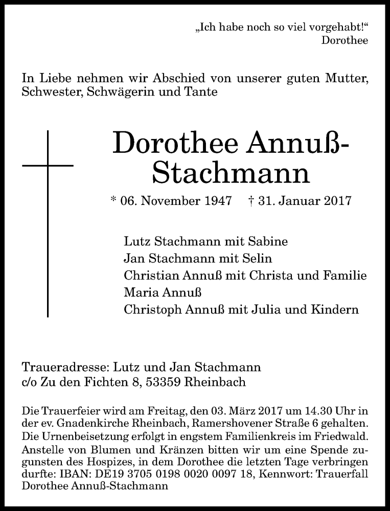  Traueranzeige für Dorothee Annuß-Stachmann vom 24.02.2017 aus General-Anzeiger Bonn